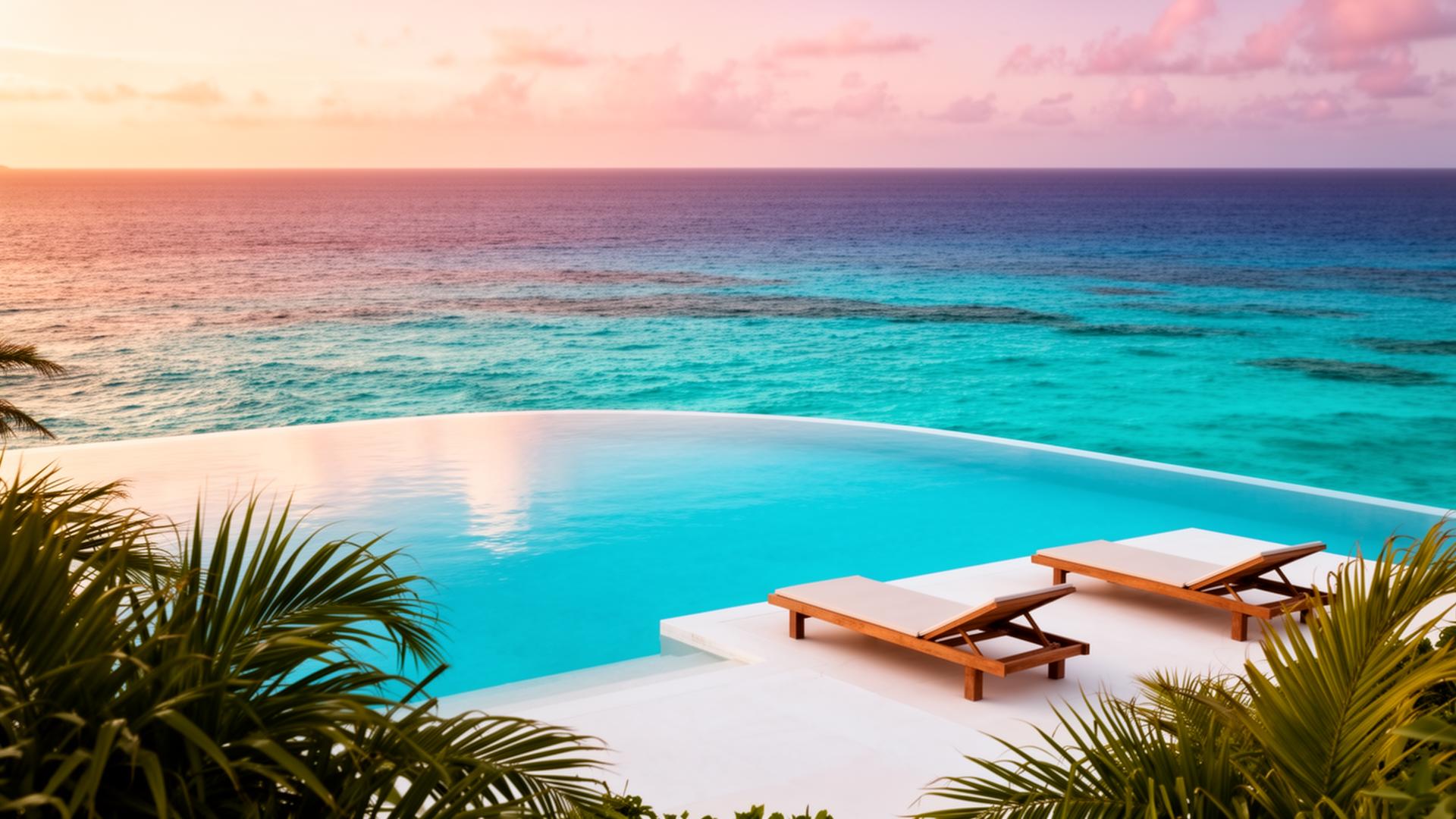 Luxury cliffside infinity pool merging into a vivid turquoise ocean at sunset